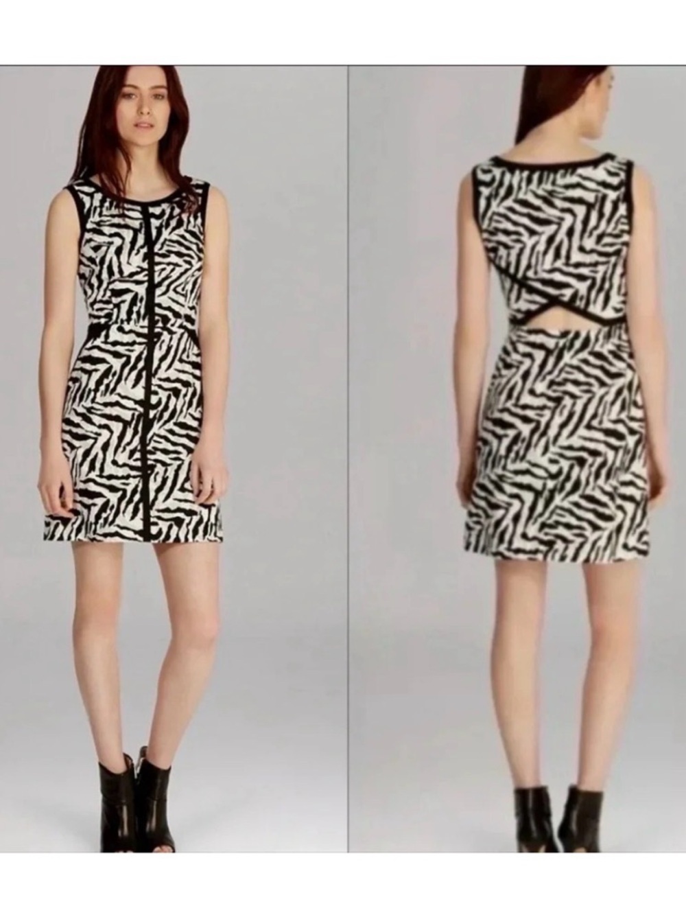 Karen Millen Zebra Print Bodycon Dress Cutout Back Black White Cocktail Size 4